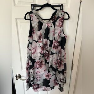 SLNY Pink and Black Floral Dress with Pearl Accents